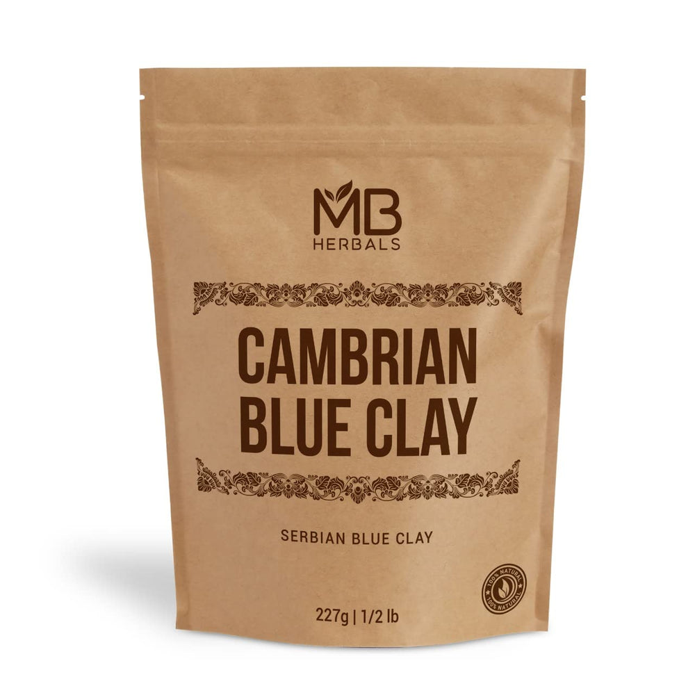 MB Herbals pouch of Cambrian blue clay showing packaging and purity benefits