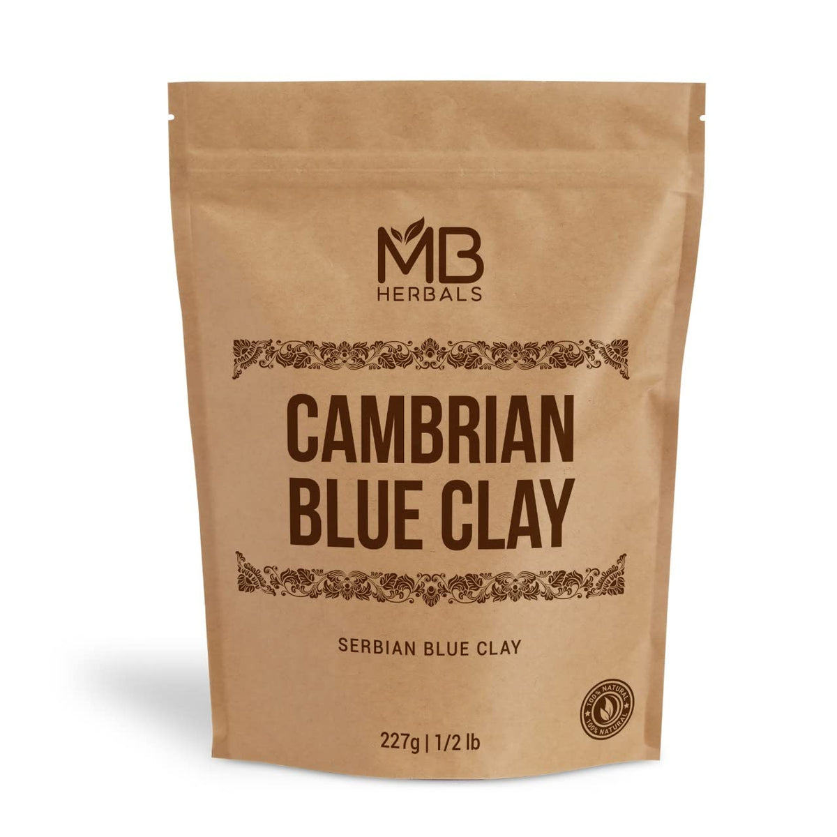 MB Herbals pouch of Cambrian blue clay showing packaging and purity benefits