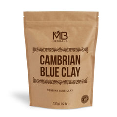 MB Herbals pouch of Cambrian blue clay showing packaging and purity benefits