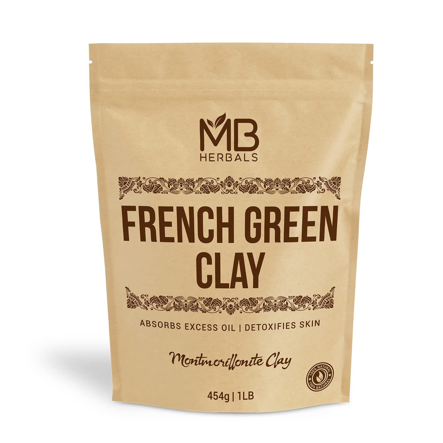 MB Herbals front pouch showing 1 lb clay and clear branding with product benefit