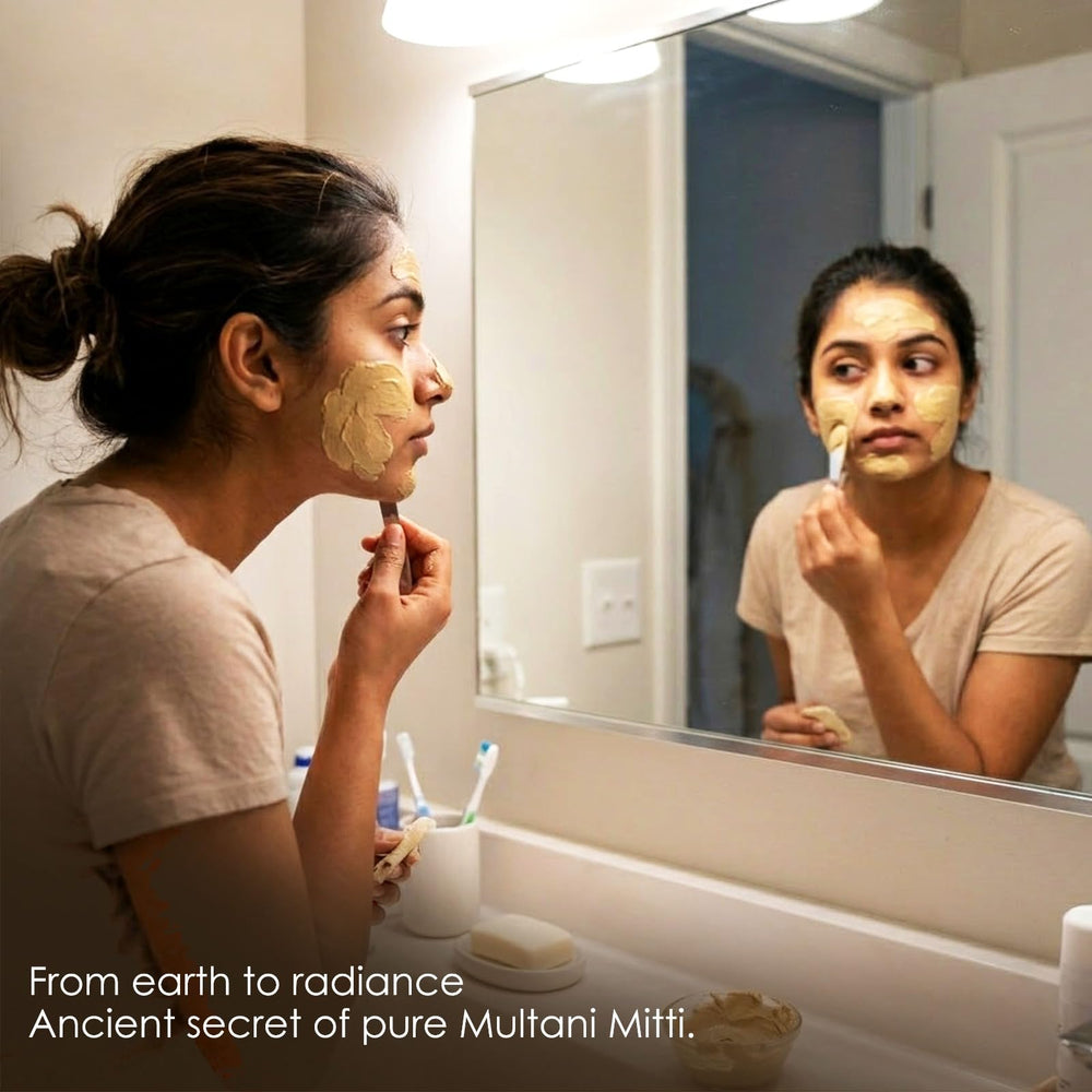 Applying MB Herbals Fullers Earth face mask showing even coverage and quick application