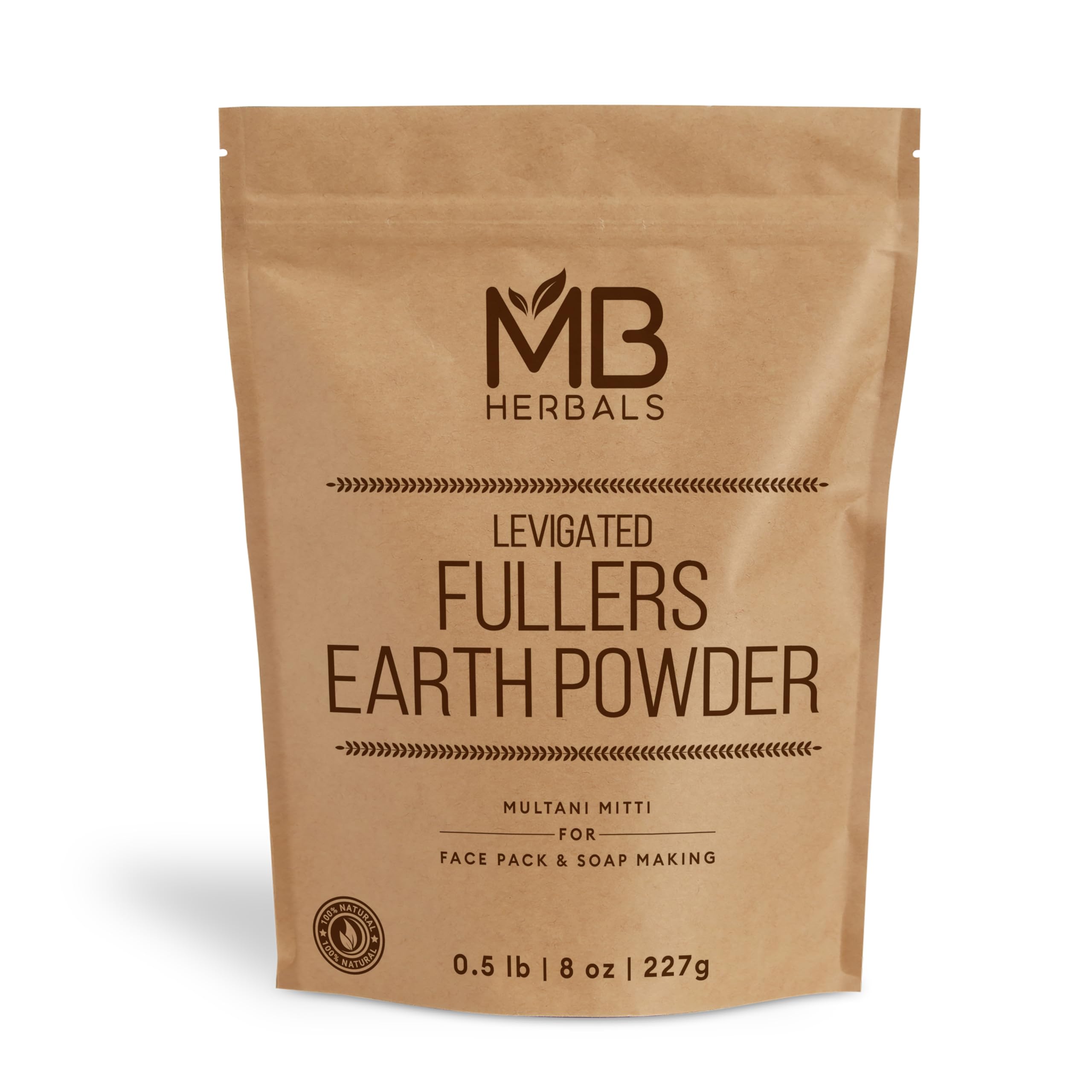 MB Herbals front packaging of Fullers Earth showing clean, natural branding and clarity
