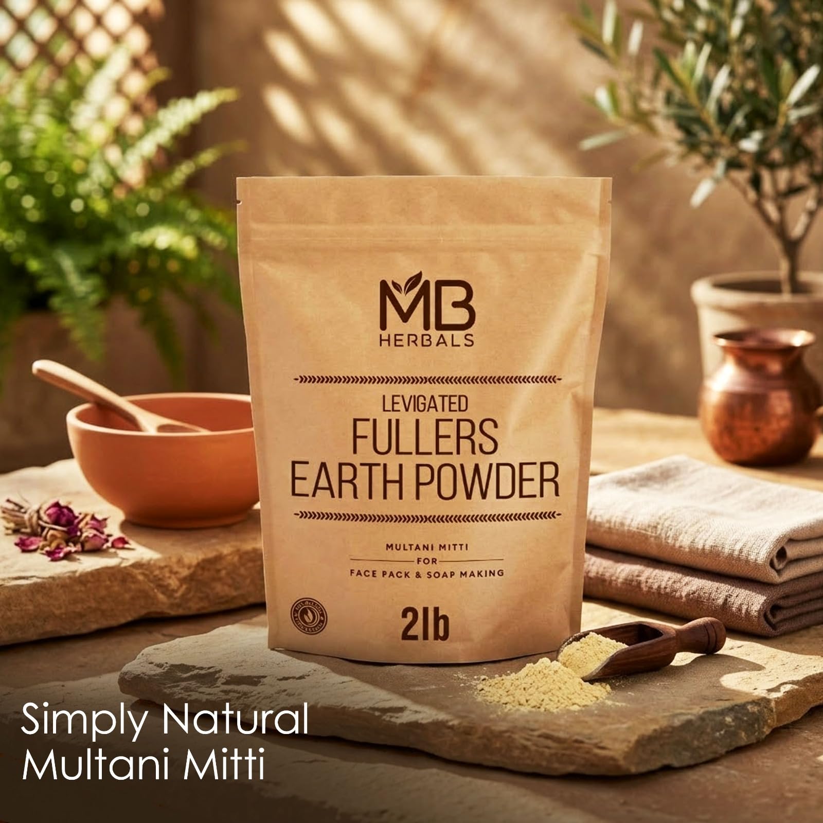MB Herbals powder close-up showing fine Multani Mitti texture for smooth mixing
