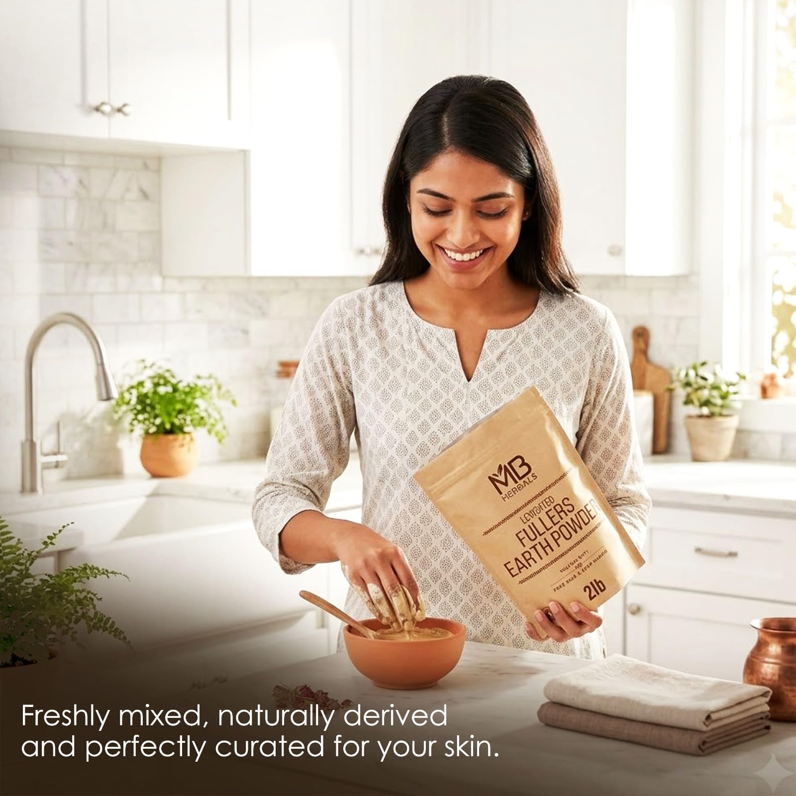 MB Herbals powder on wooden spoon highlighting ultra-fine texture for easy blending