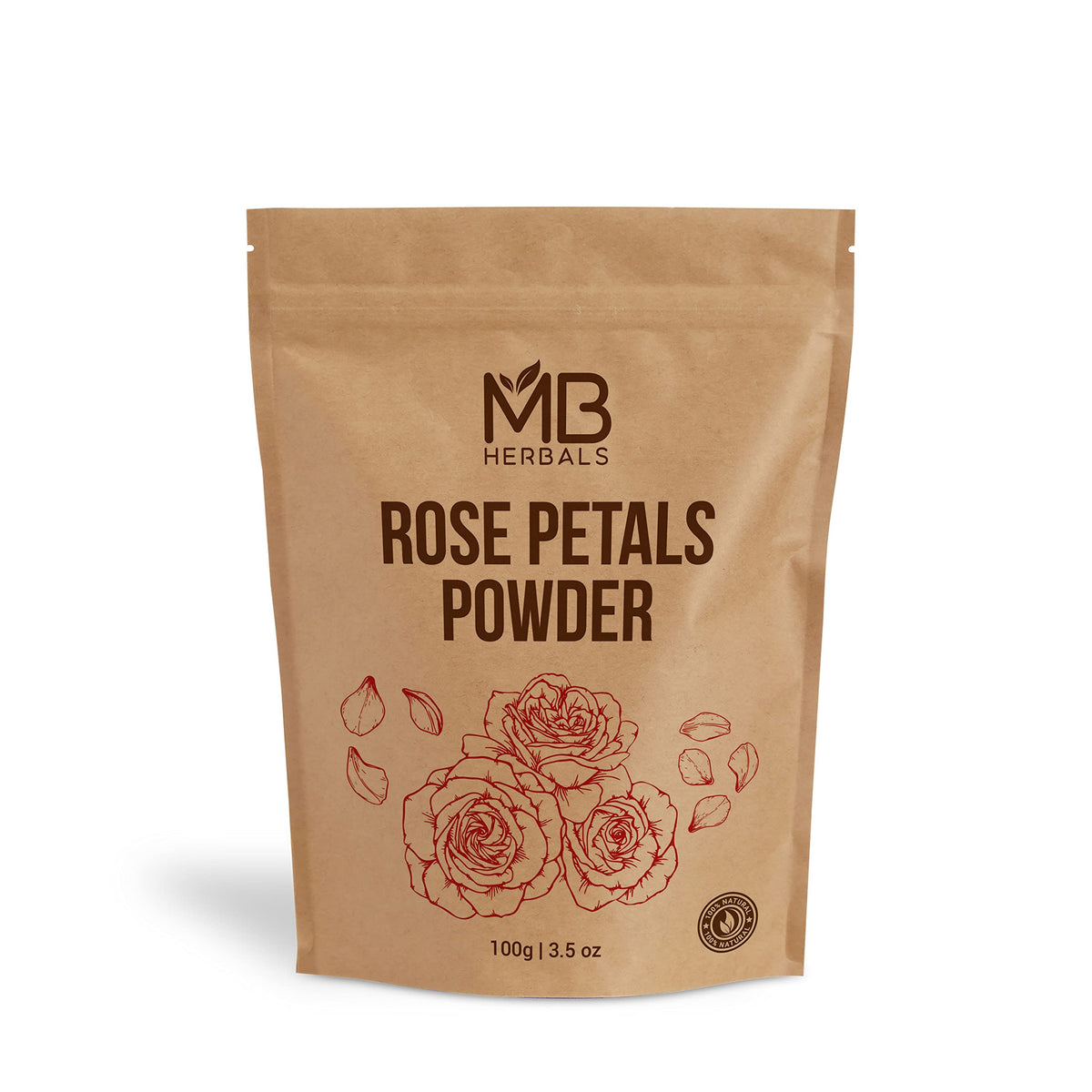 MB Herbals rose powder front packaging showing product and net weight, promotes natural skincare