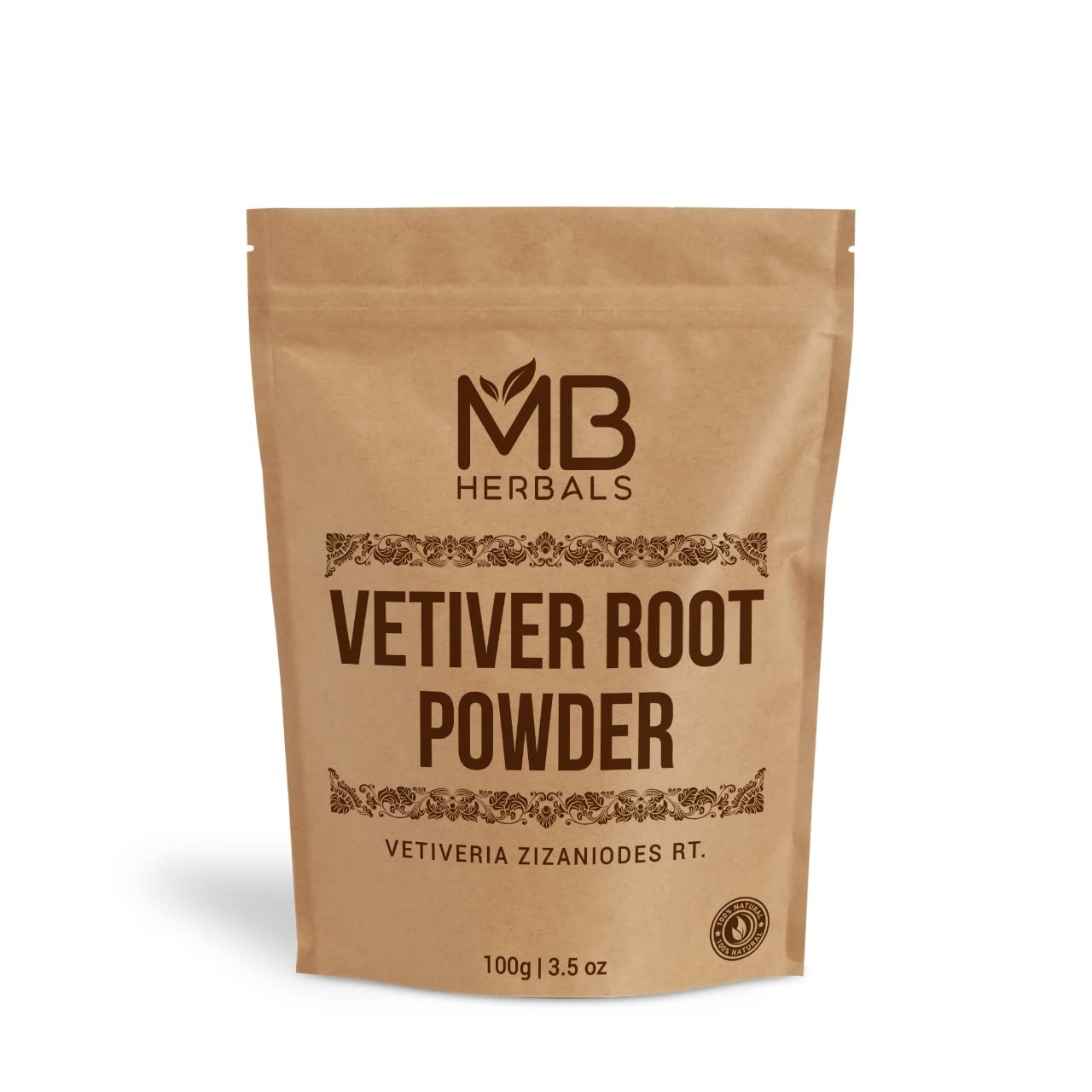 MB Herbals vetiver powder front packaging showing weight and natural ingredient clarity