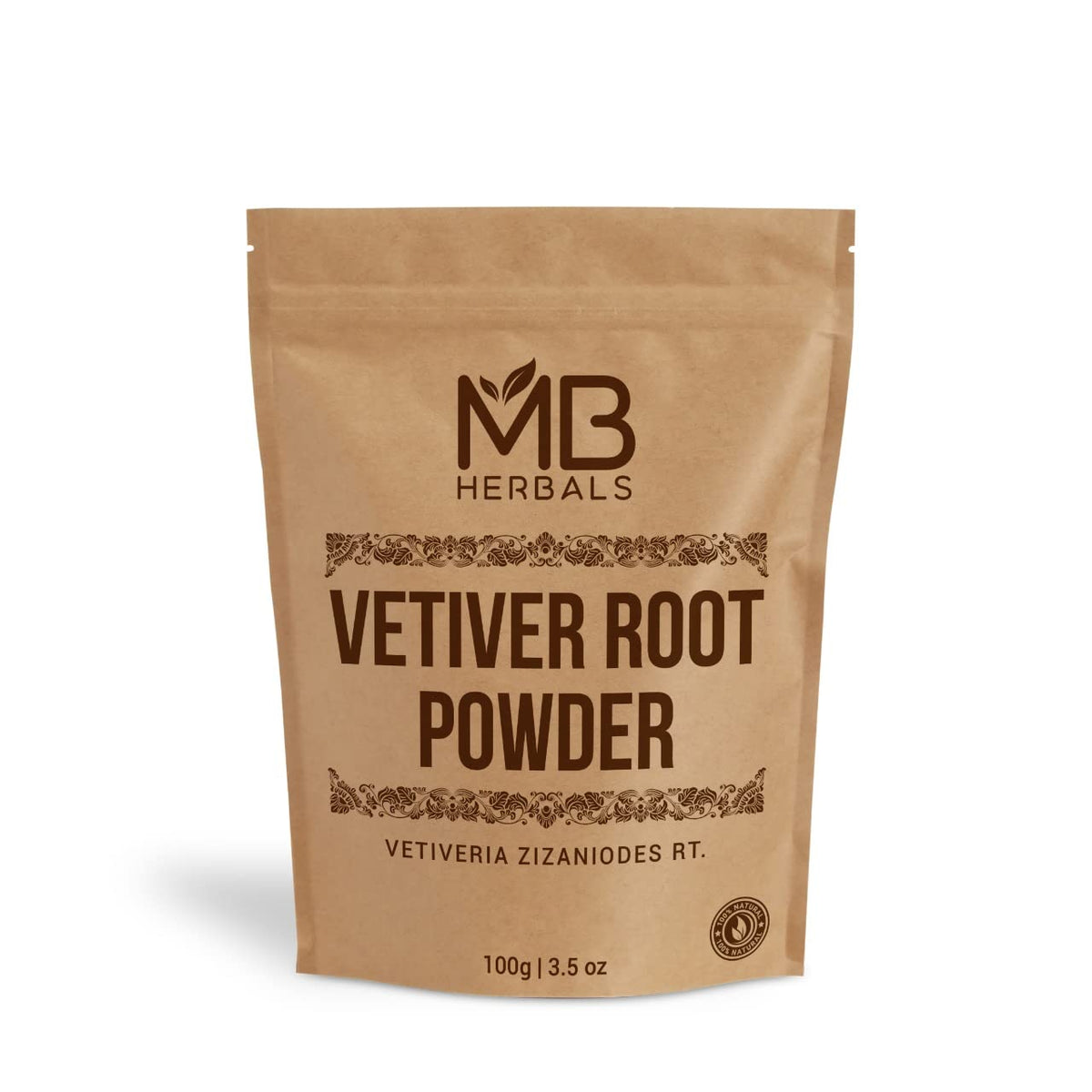MB Herbals vetiver powder front packaging showing weight and natural ingredient clarity