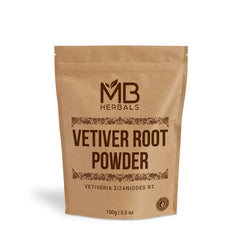 MB Herbals vetiver powder front packaging showing weight and natural ingredient clarity