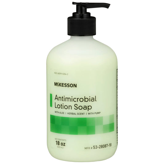 McKesson front pump bottle showing label and 18 oz size benefit