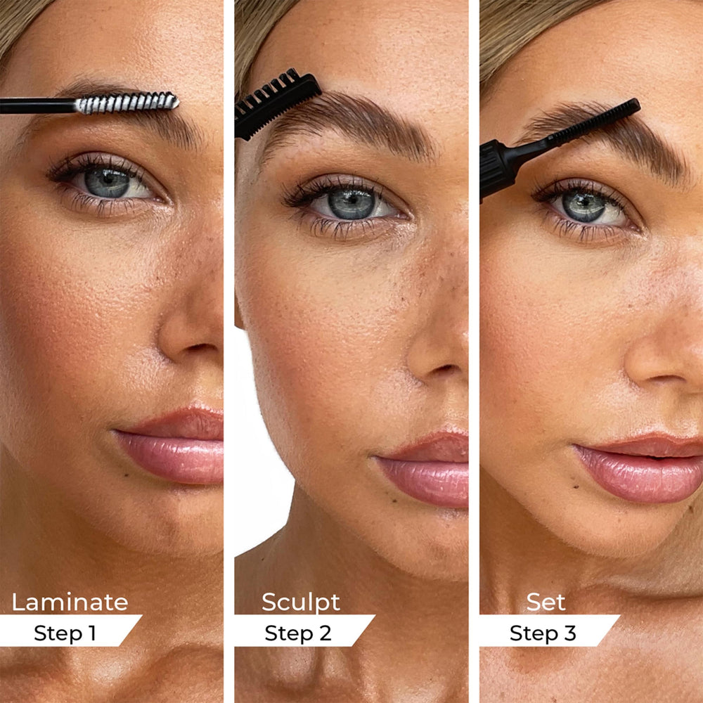 MCoBeauty before and after brows showing transformed shape and fuller appearance