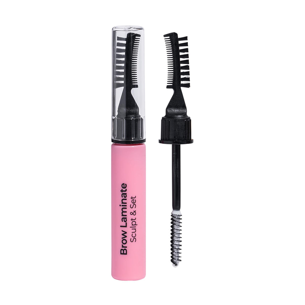 MCoBeauty brow kit front packaging showing contents and sleek design benefit: easy grooming