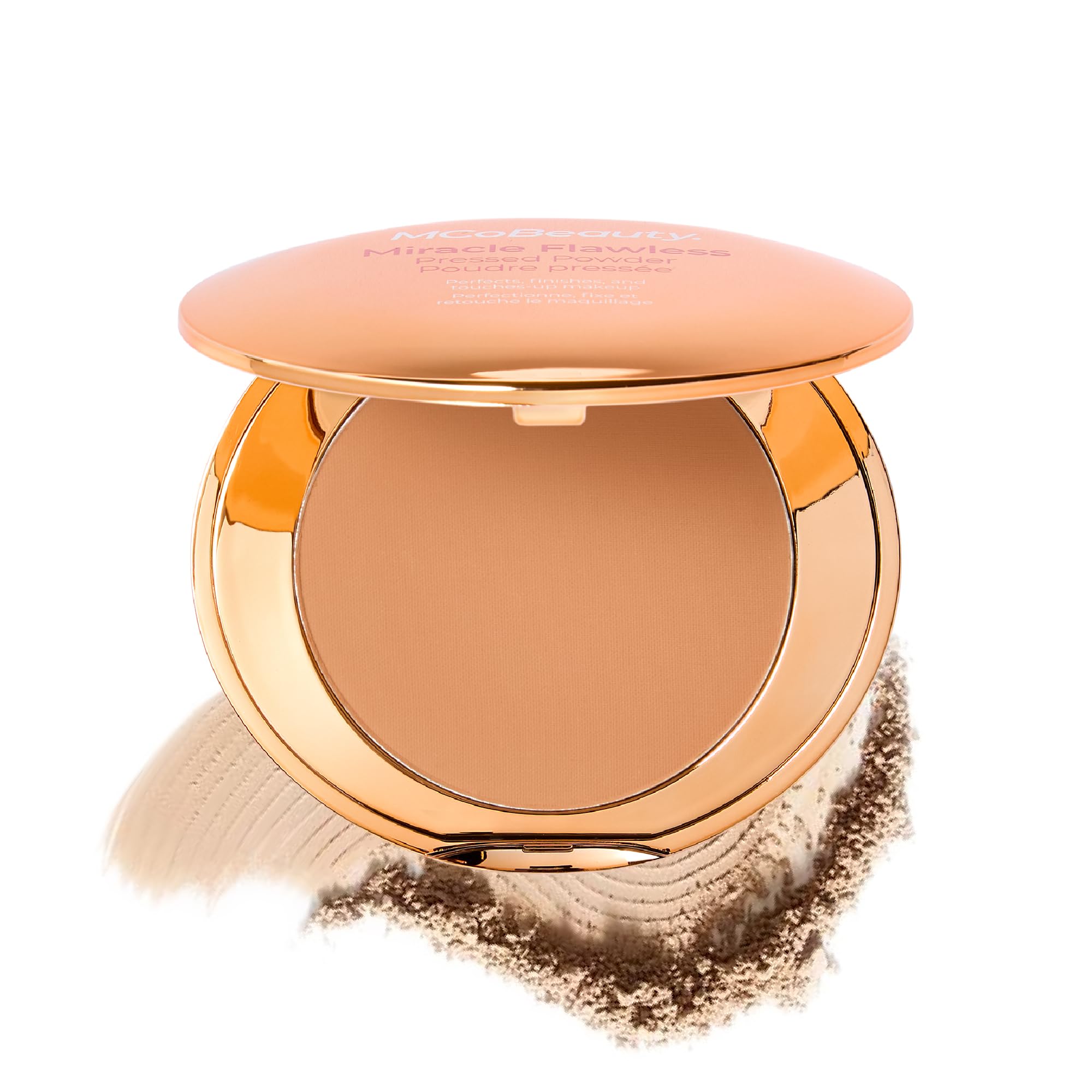 MCoBeauty compact front view showing sleek case and convenient mirror benefit