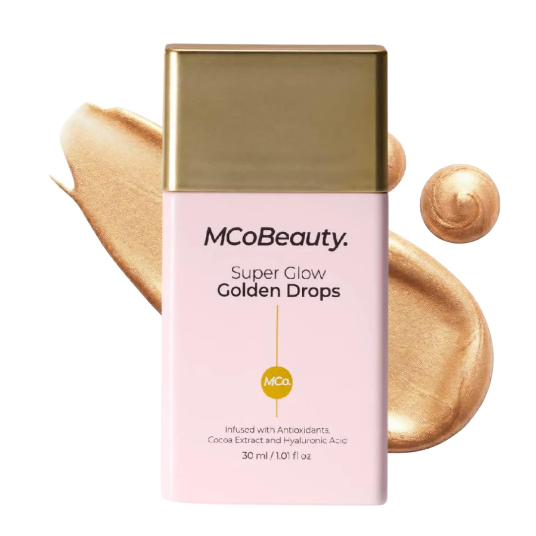 MCoBeauty front packaging showing golden dropper bottle and brand benefit