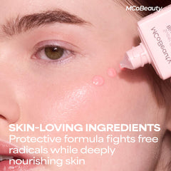 MCoBeauty in-use cheek application blended with fingertips showing instant warm flush benefit: quick everyday glow