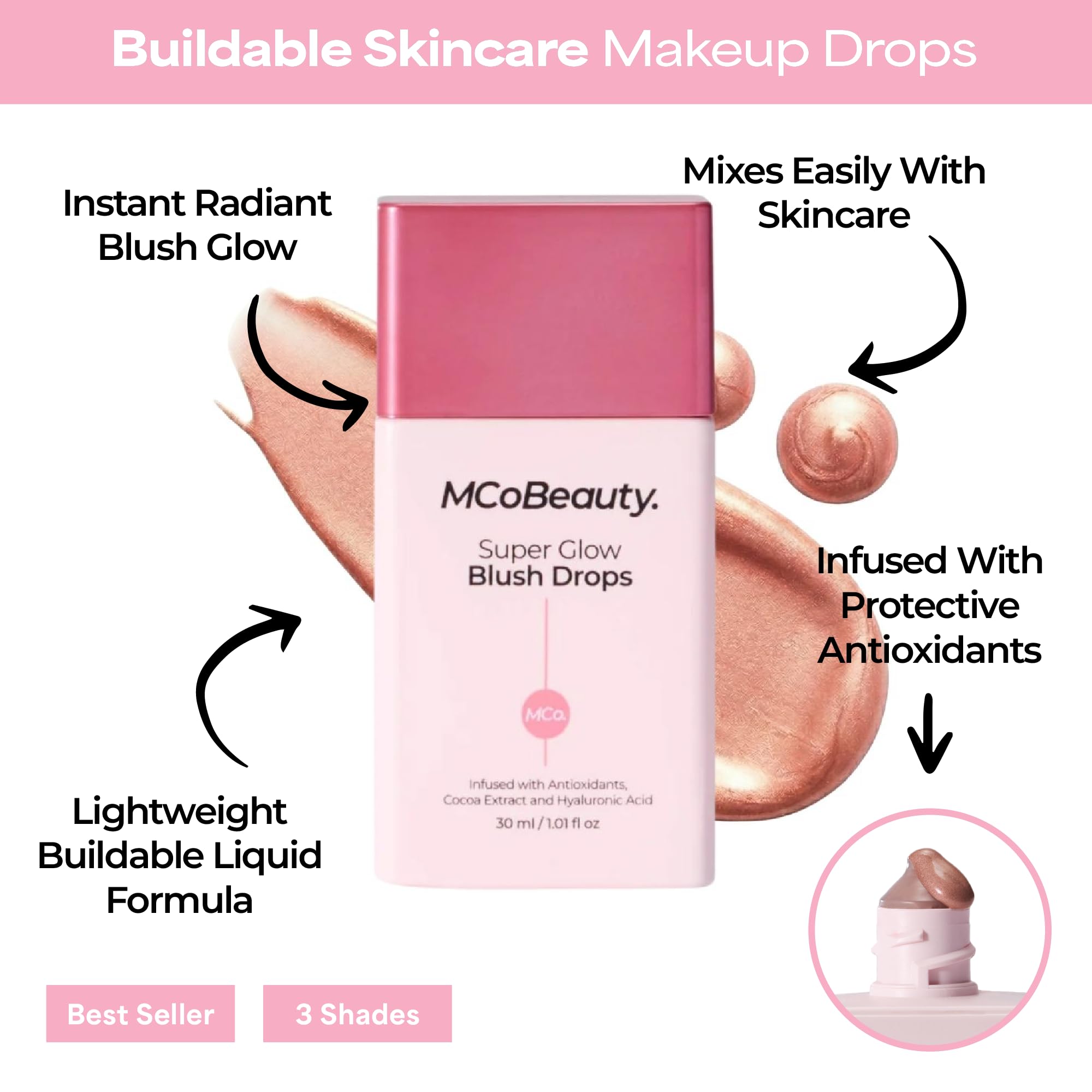MCoBeauty texture swipe of Peachy Pink on skin showing blendability and smooth finish benefit: natural look