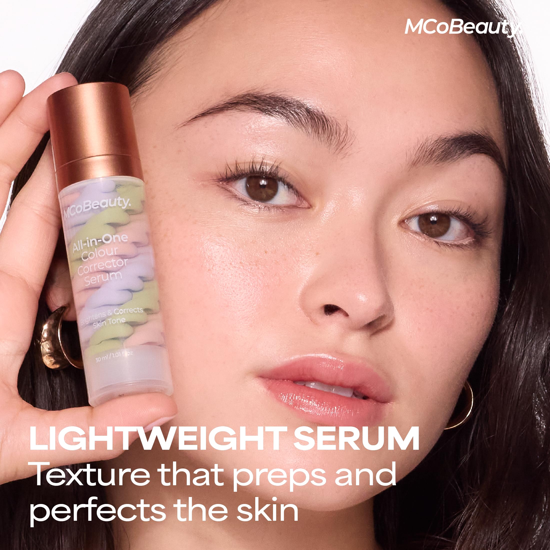 MCoBeauty before and after half-face showing balanced, smoother tone