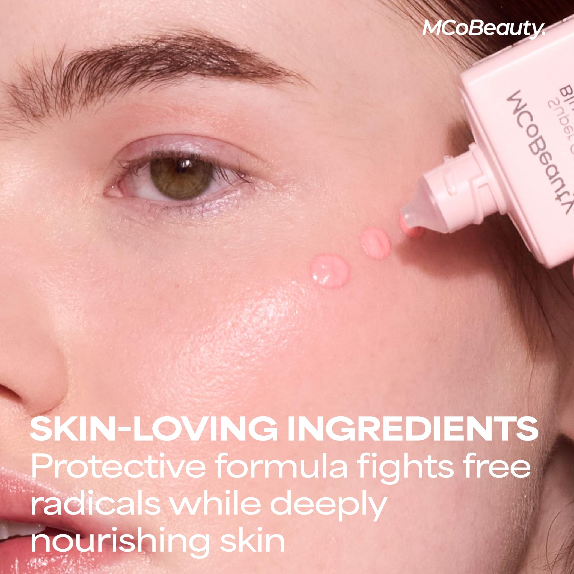 MCoBeauty close-up of cheek with blended blush drops showing natural dewy glow benefit