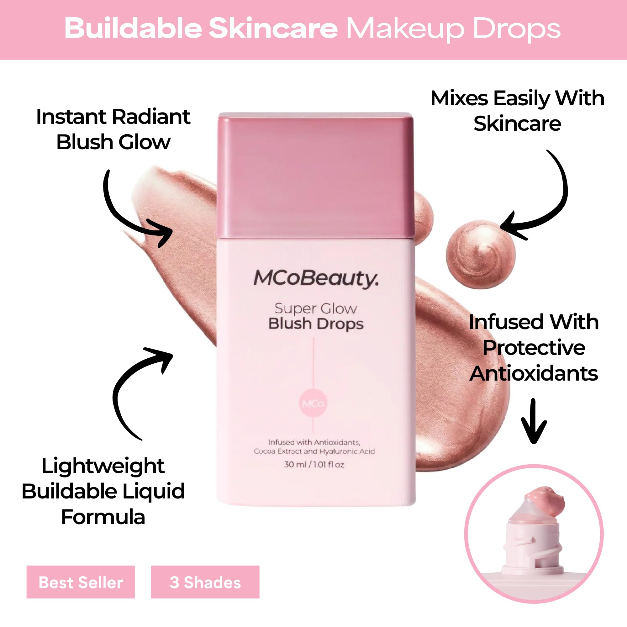 MCoBeauty liquid texture swirled on surface showing buildable consistency and luminous finish benefit