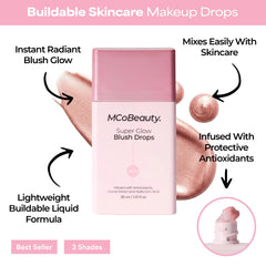 MCoBeauty liquid texture swirled on surface showing buildable consistency and luminous finish benefit
