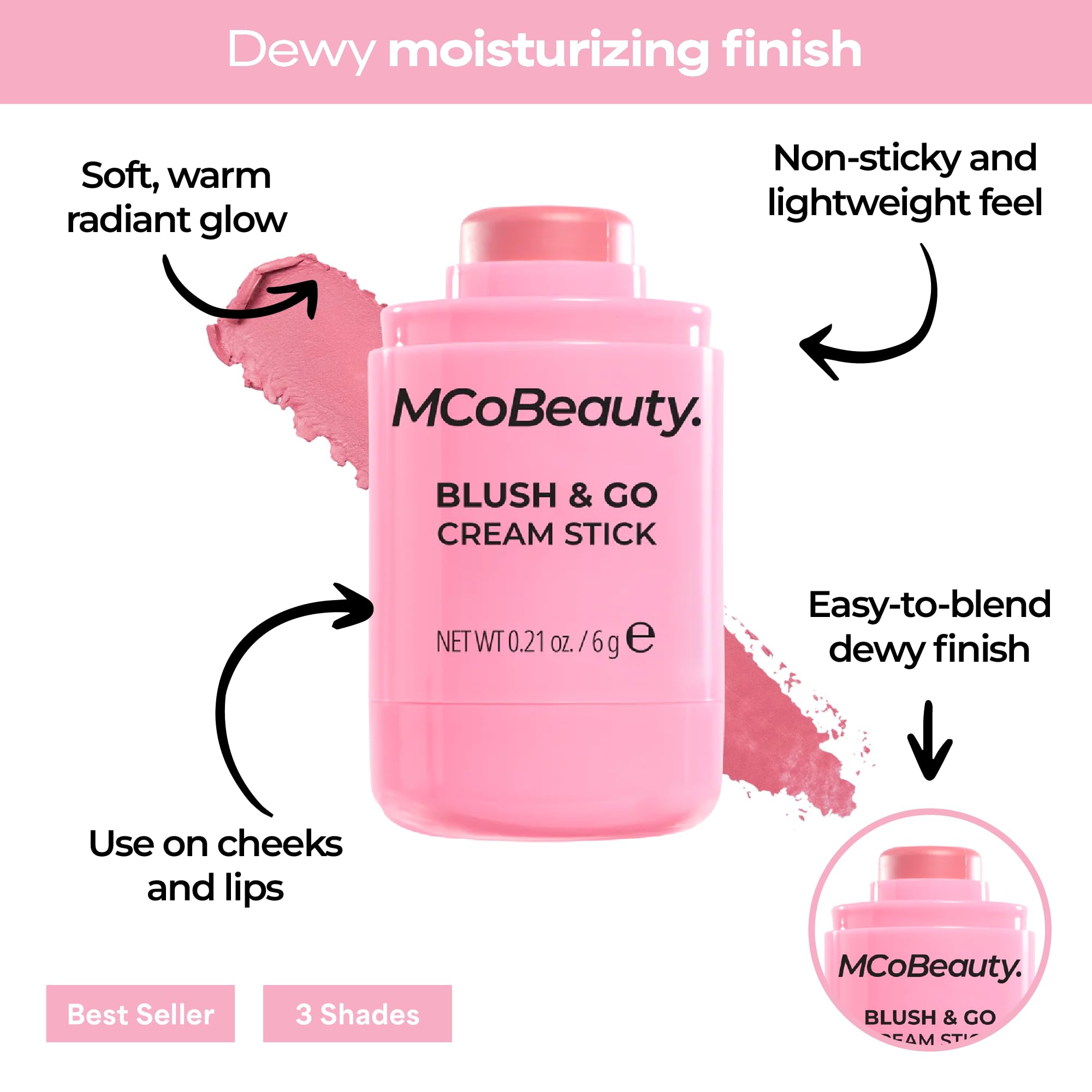 MCoBeauty texture swipe of Baby Pink showing blendable dewy finish
