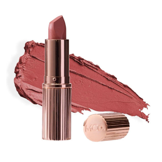 MCoBeauty lipstick front packaging showing shade and compact benefit