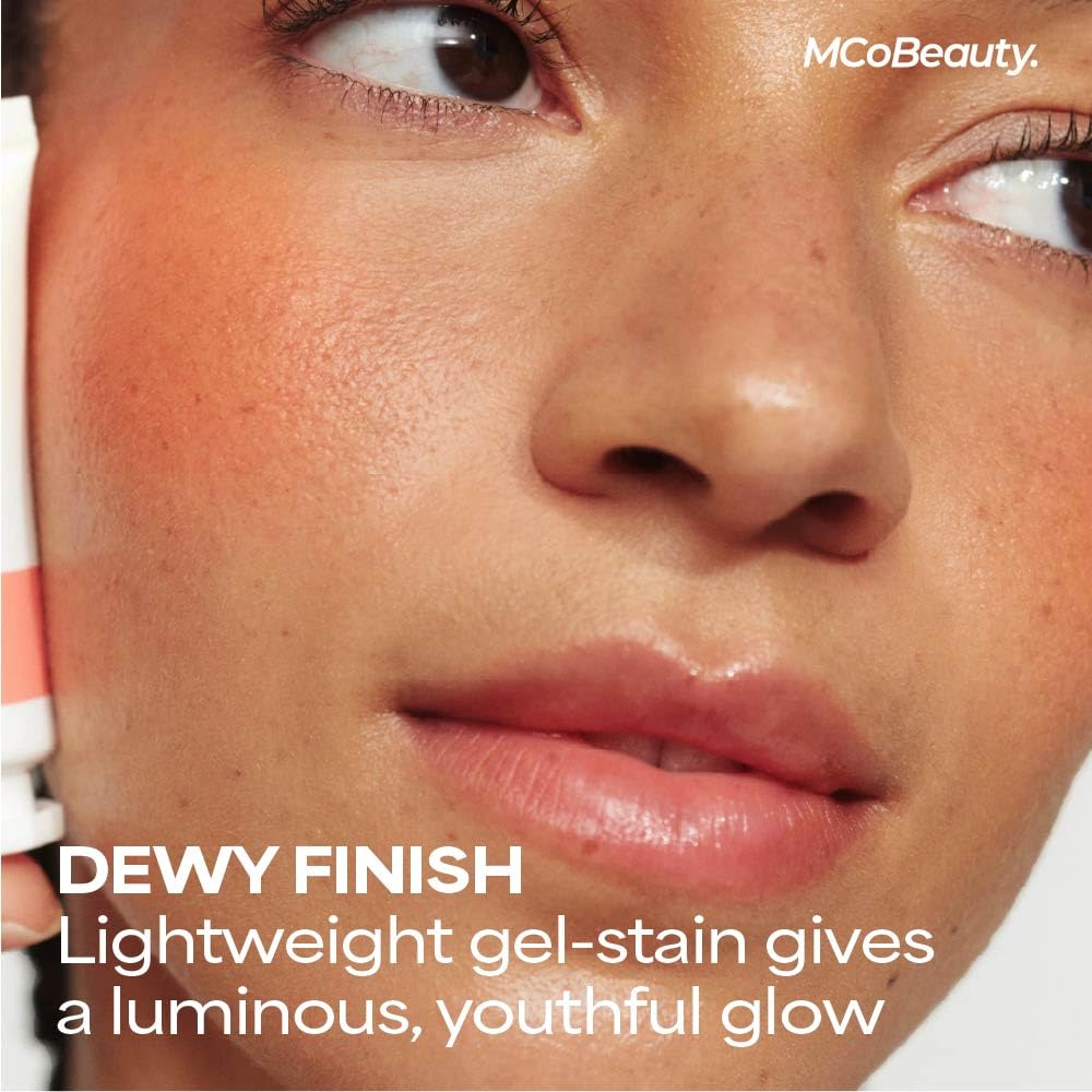 MCoBeauty lip stain close-up showing juicy cherry finish and long-wear benefit