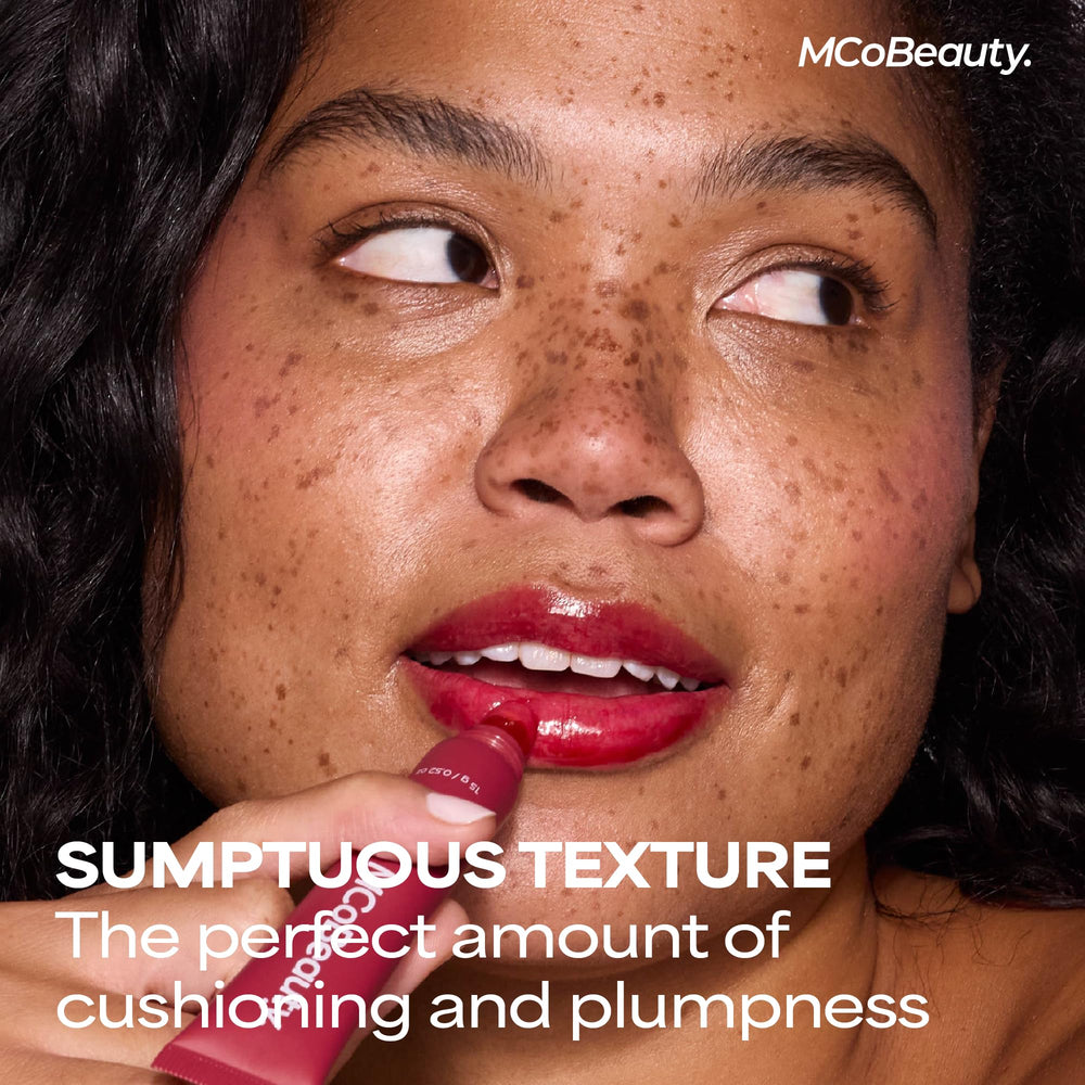 MCoBeauty Fairy Floss applied on lips showing dewy, plumping shine