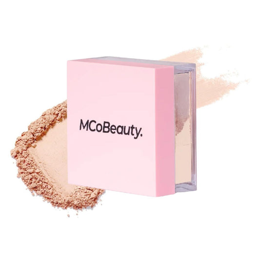 MCoBeauty Light loose powder front packaging showing compact jar and branding for easy identification