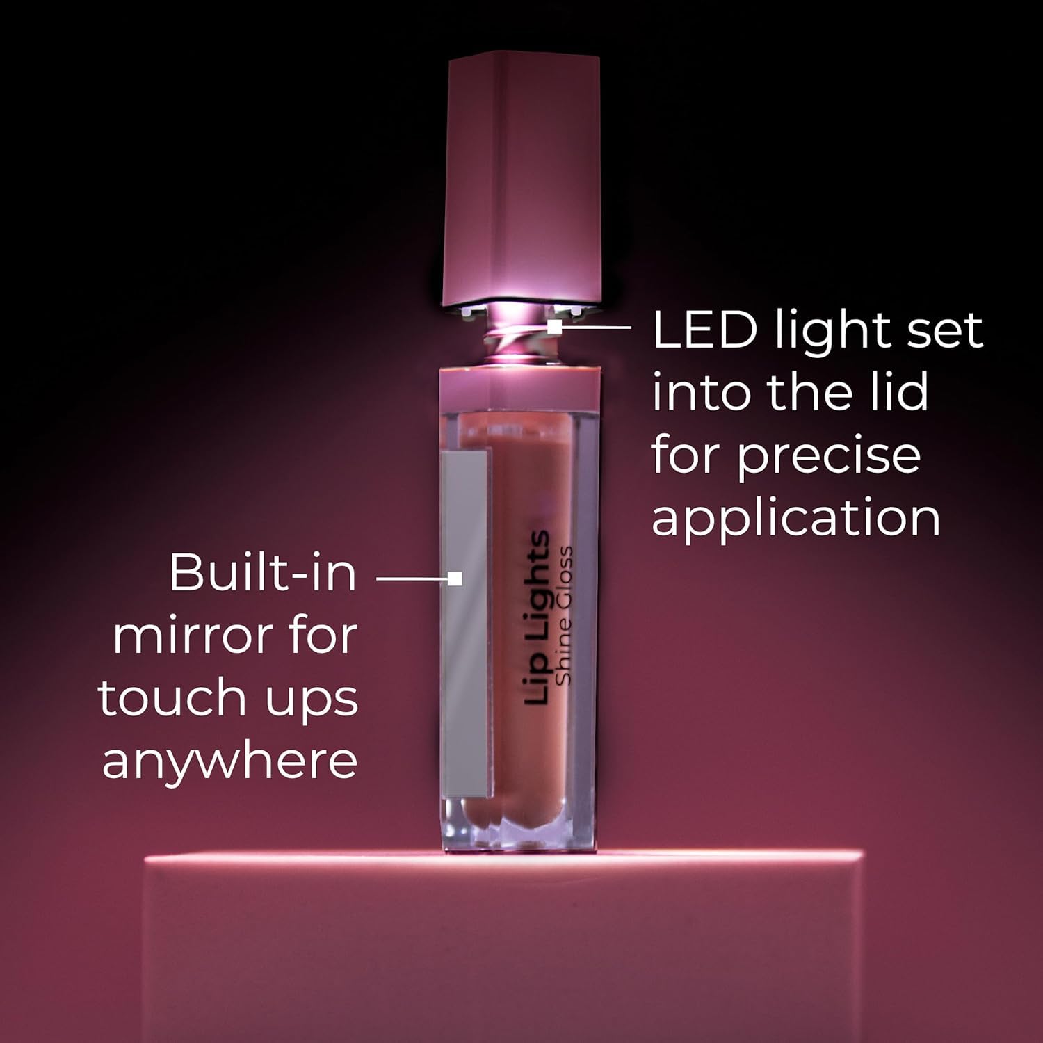 MCoBeauty gloss worn alone on nude lips for natural glossy, hydrated look