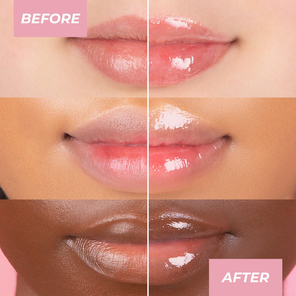 MCoBeauty gloss beside smartphone to show compact size and on-the-go convenience