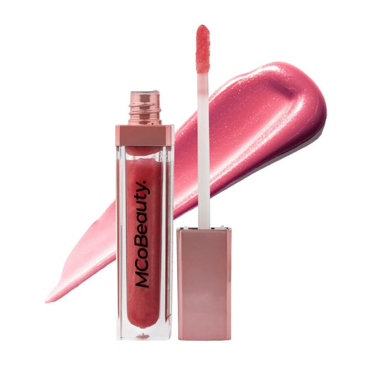MCoBeauty front packaging showing Berry Pink gloss and glossy benefit