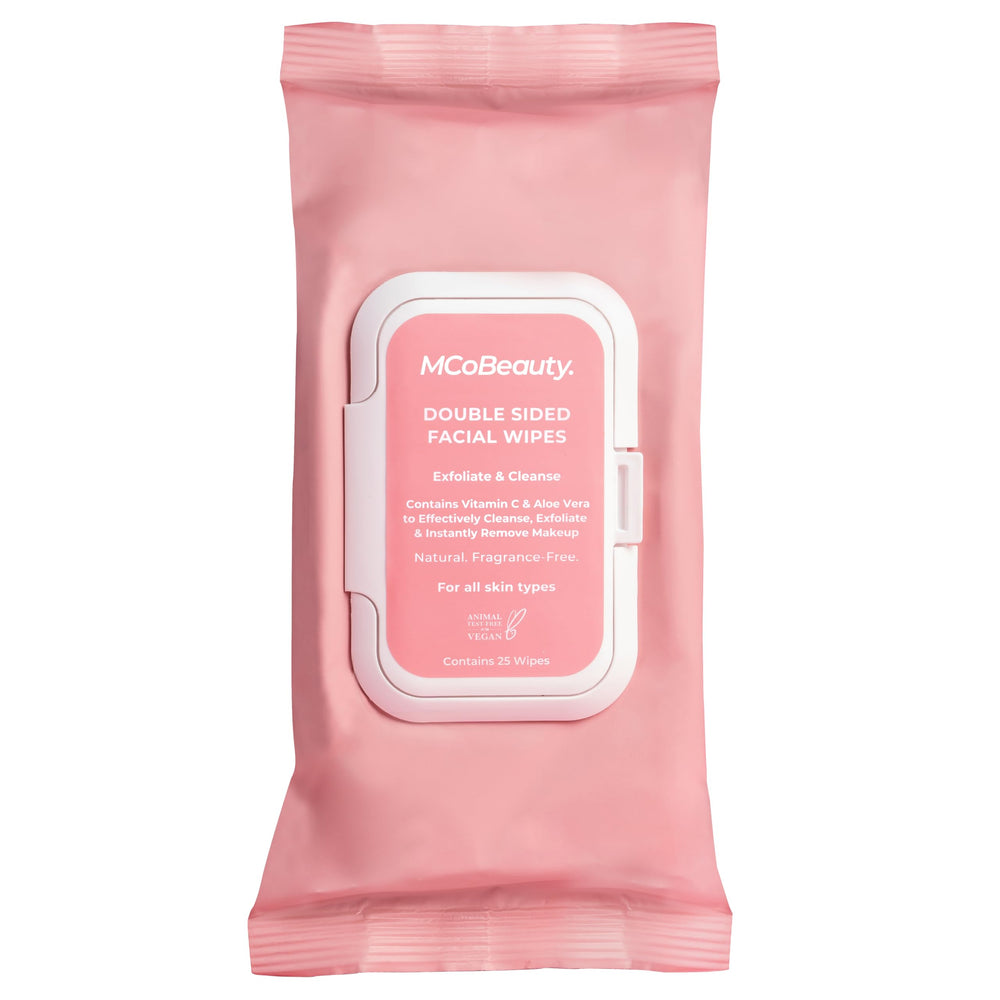 MCoBeauty resealable pouch front view showing branding and wipe count, convenient for travel