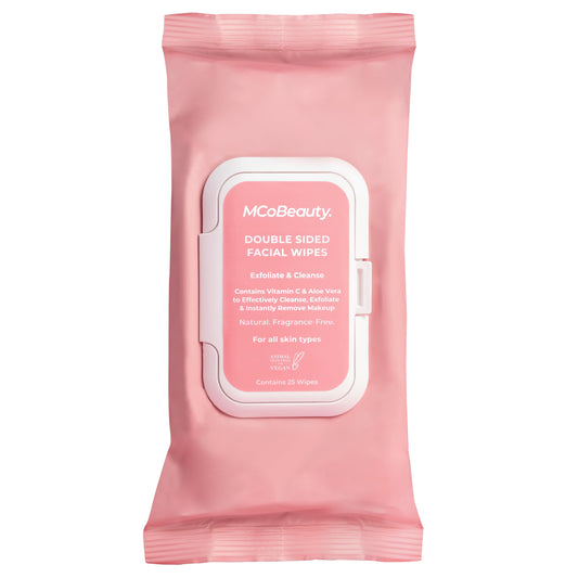 MCoBeauty resealable pouch front view showing branding and wipe count, convenient for travel
