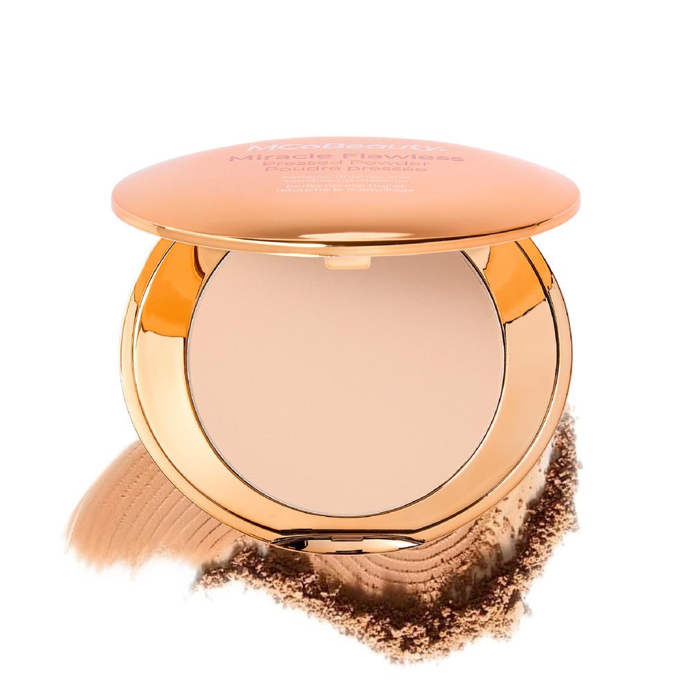 MCoBeauty compact front view showing sleek case and brand