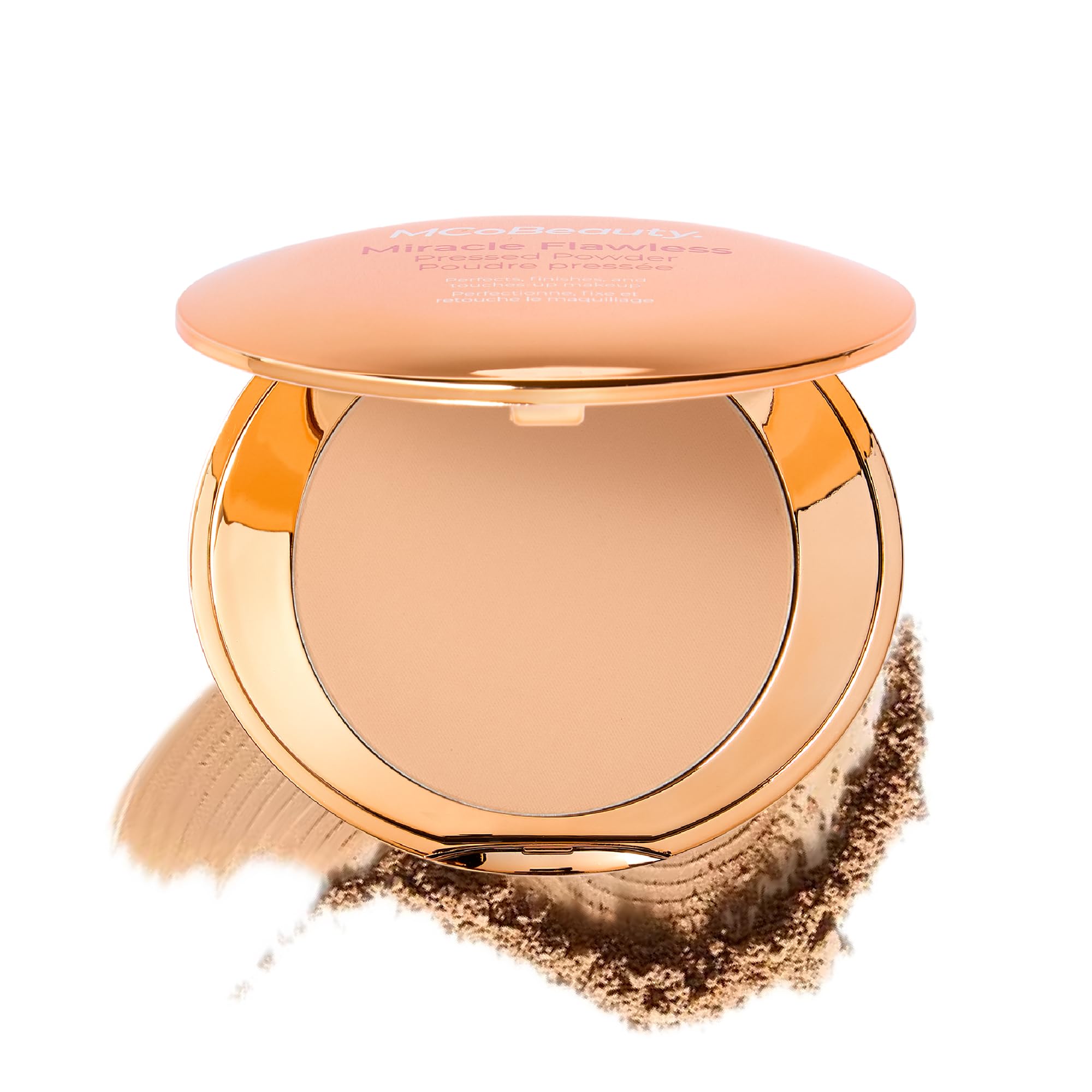 MCoBeauty compact front view showing sleek case and portable design benefits