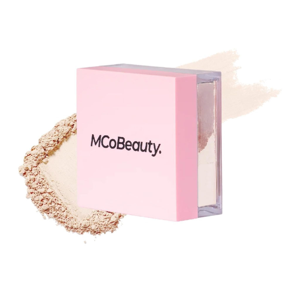 MCoBeauty jar front packaging showing translucent powder and sleek label benefits