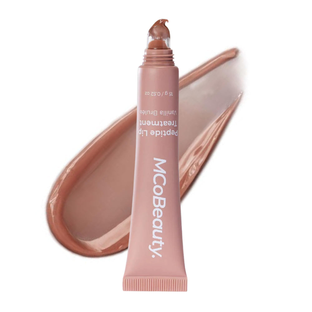 MCoBeauty tube front view showing glossy Vanilla Brulee, perfect portable hydration