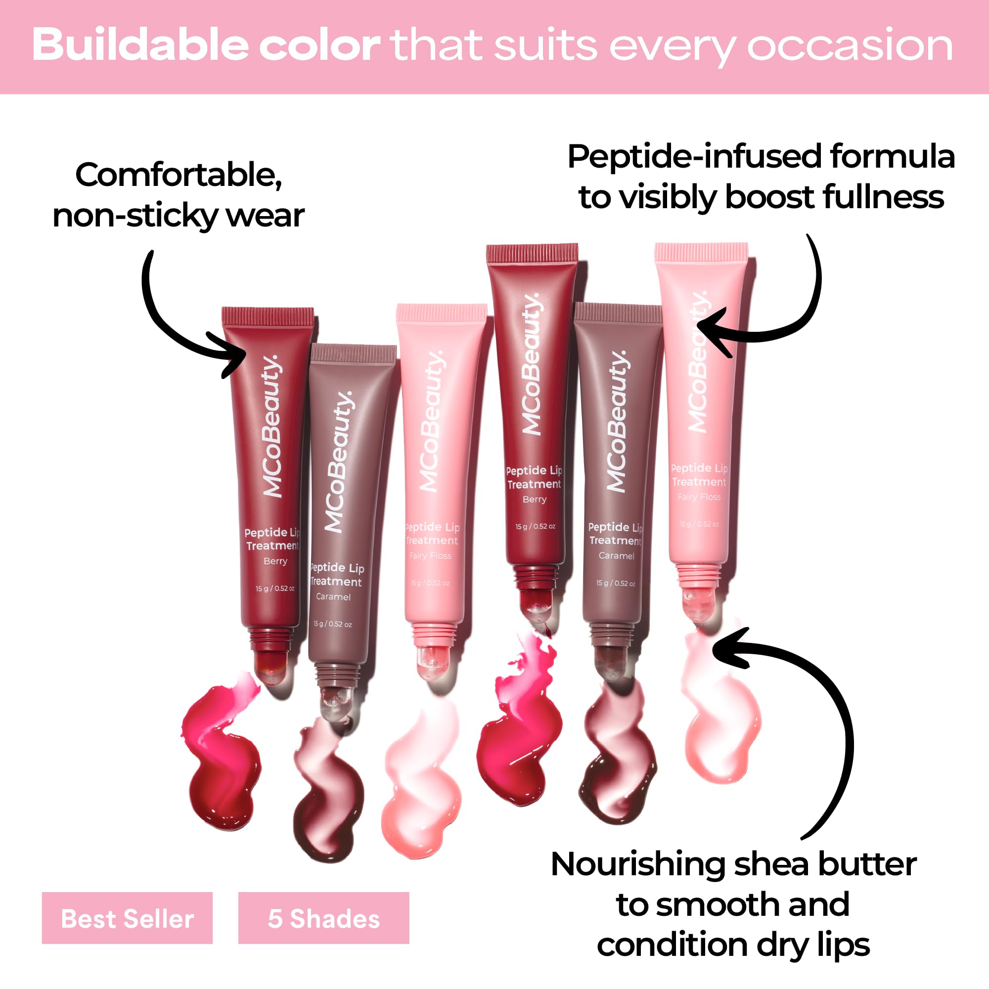 MCoBeauty texture swipe of Vanilla Brulee showing dewy, non-sticky glossy finish