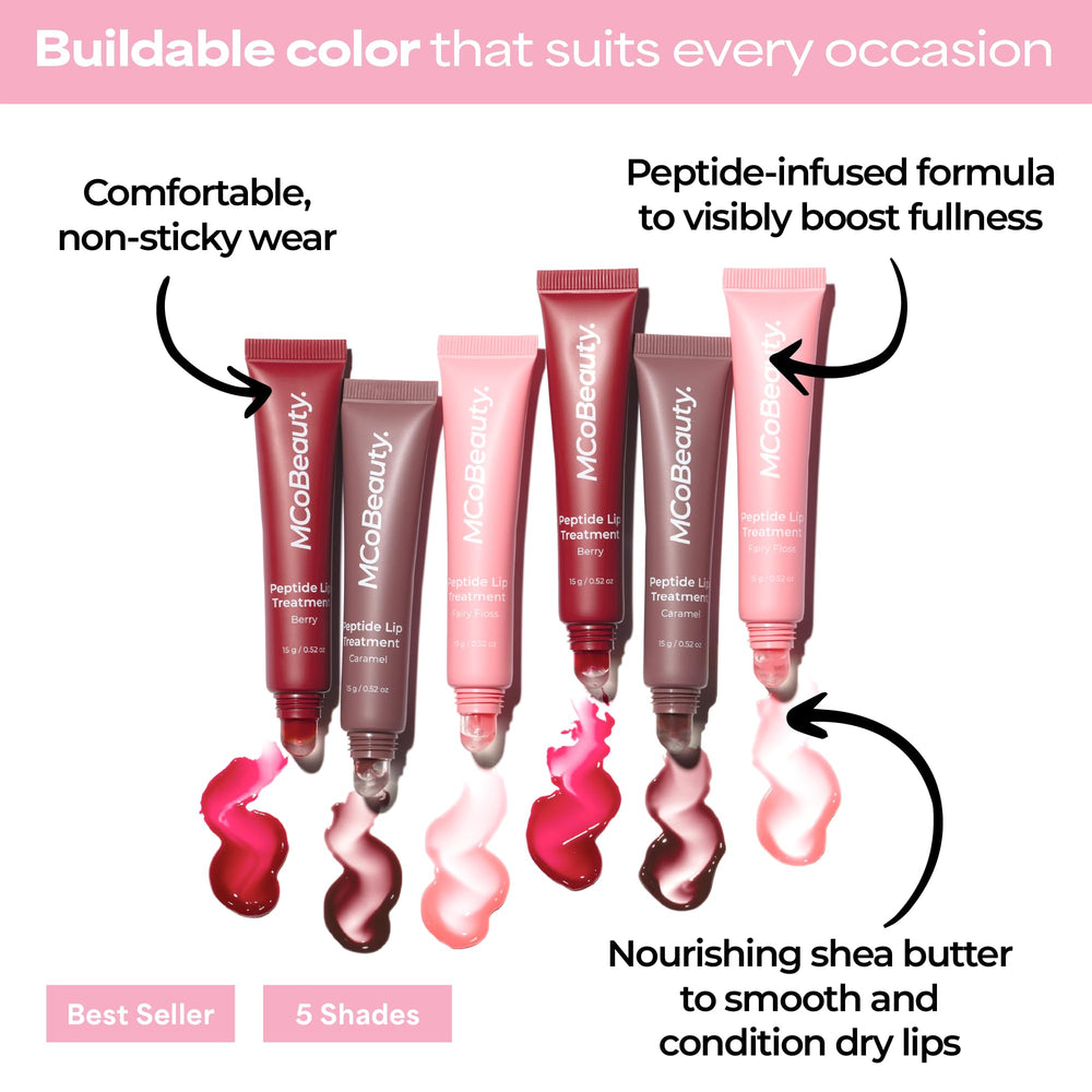 MCoBeauty texture swipe of Vanilla Brulee showing dewy, non-sticky glossy finish