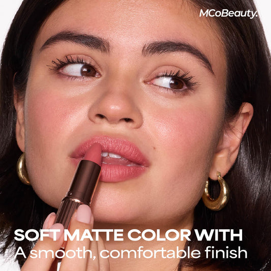 MCoBeauty Very Shelley angled lipstick bullet close-up demonstrating precise square-angled tip