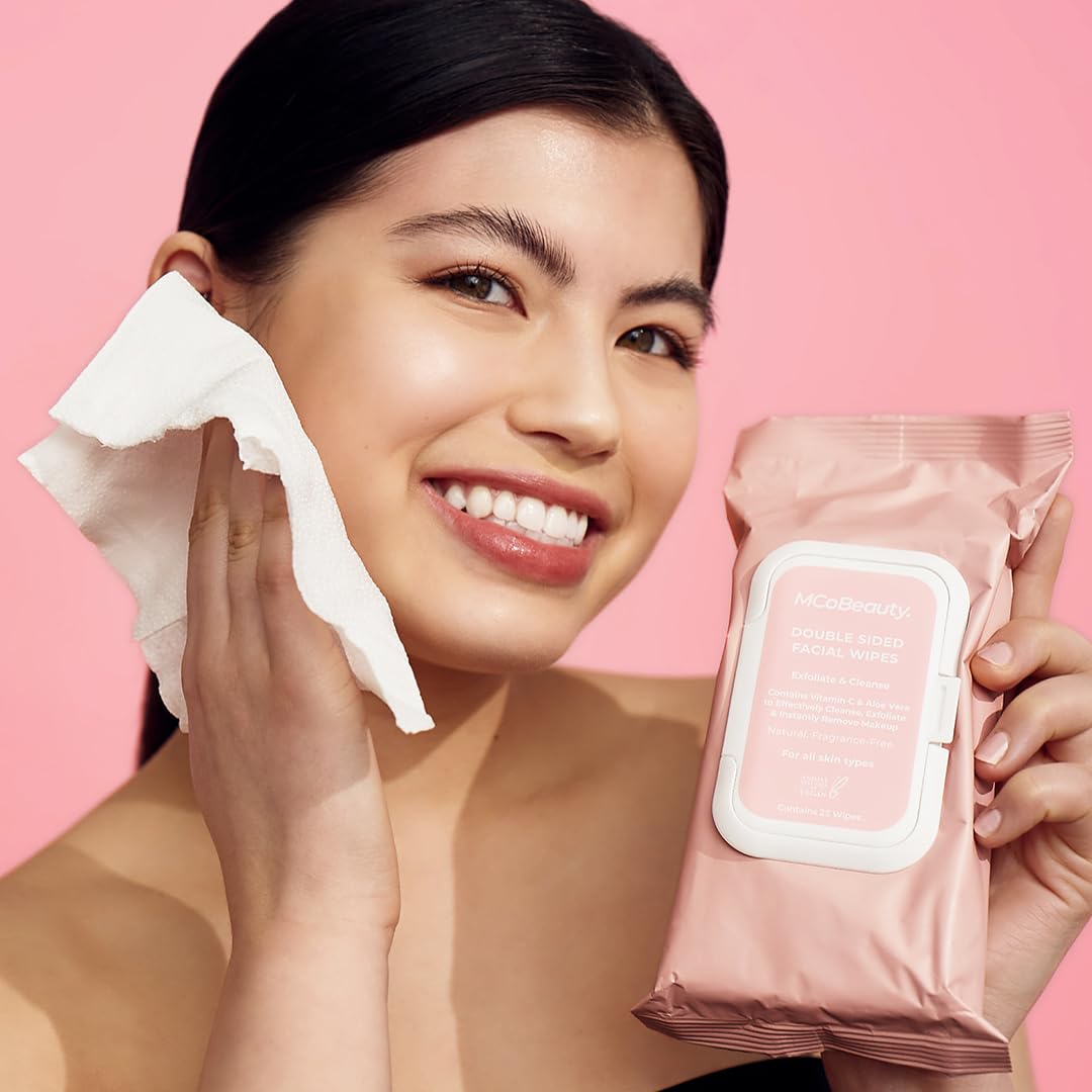 MCoBeauty double sided wipe texture close-up showing soft and exfoliating sides for gentle glow