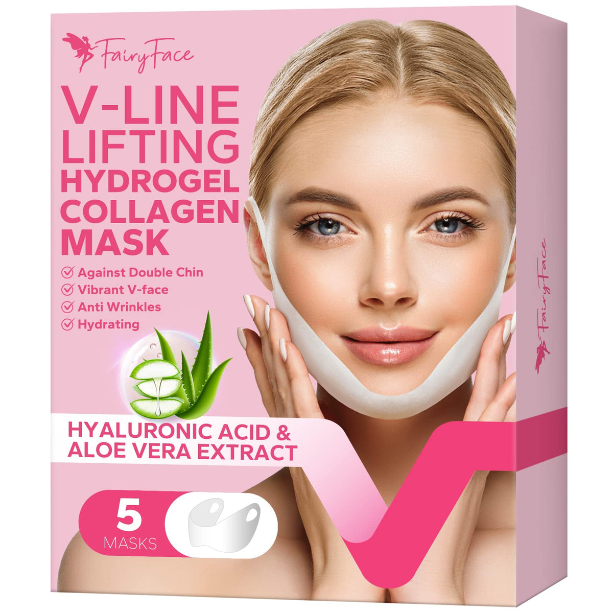 MCOMCE front packaging showing five V line masks and benefits