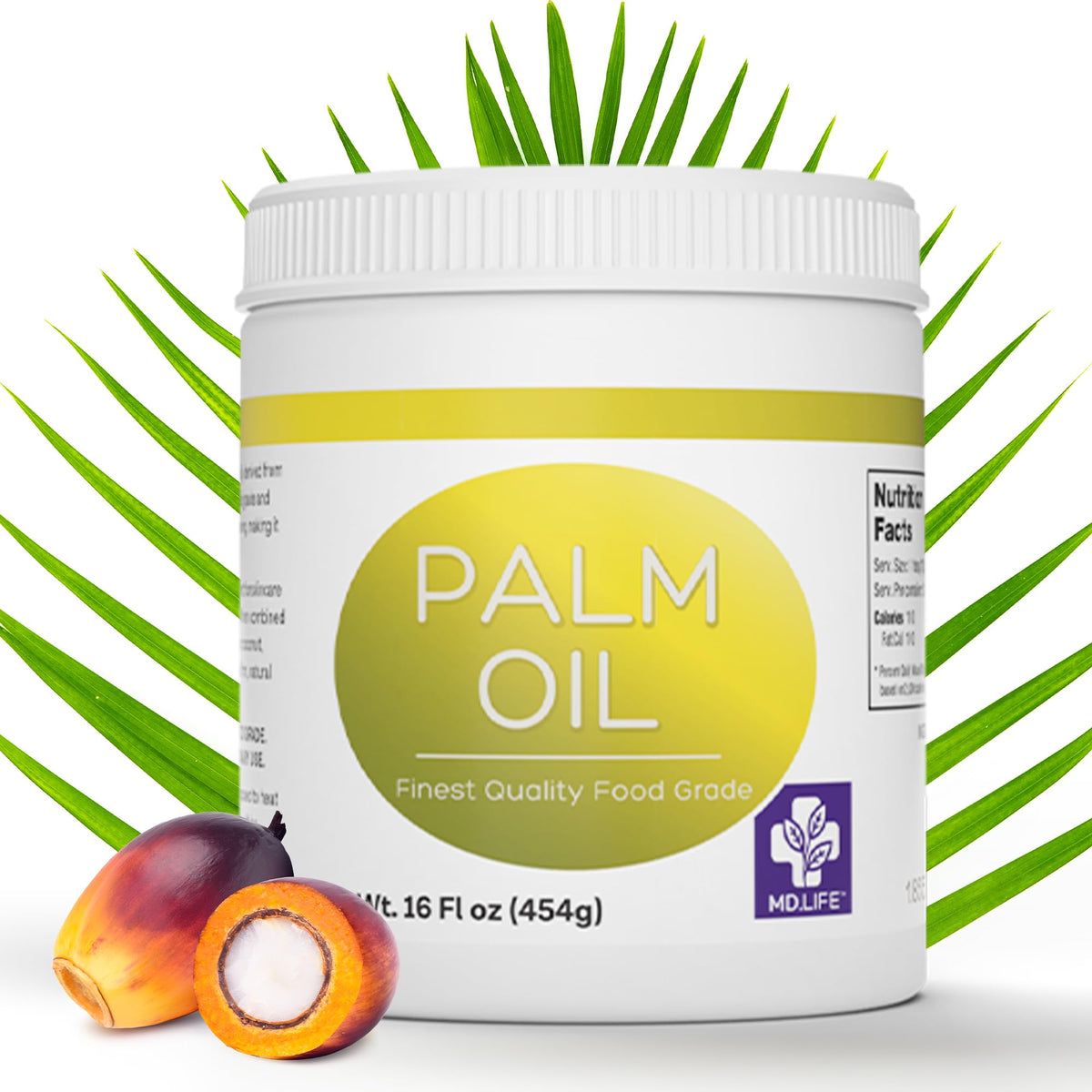 MD.LIFE palm oil bottle front view showing packaging and sustainable label benefit