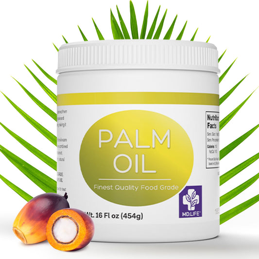 MD.LIFE palm oil bottle front view showing packaging and sustainable label benefit