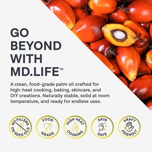 MD.LIFE palm oil pouring closeup highlighting cold‑pressed clarity and cooking use