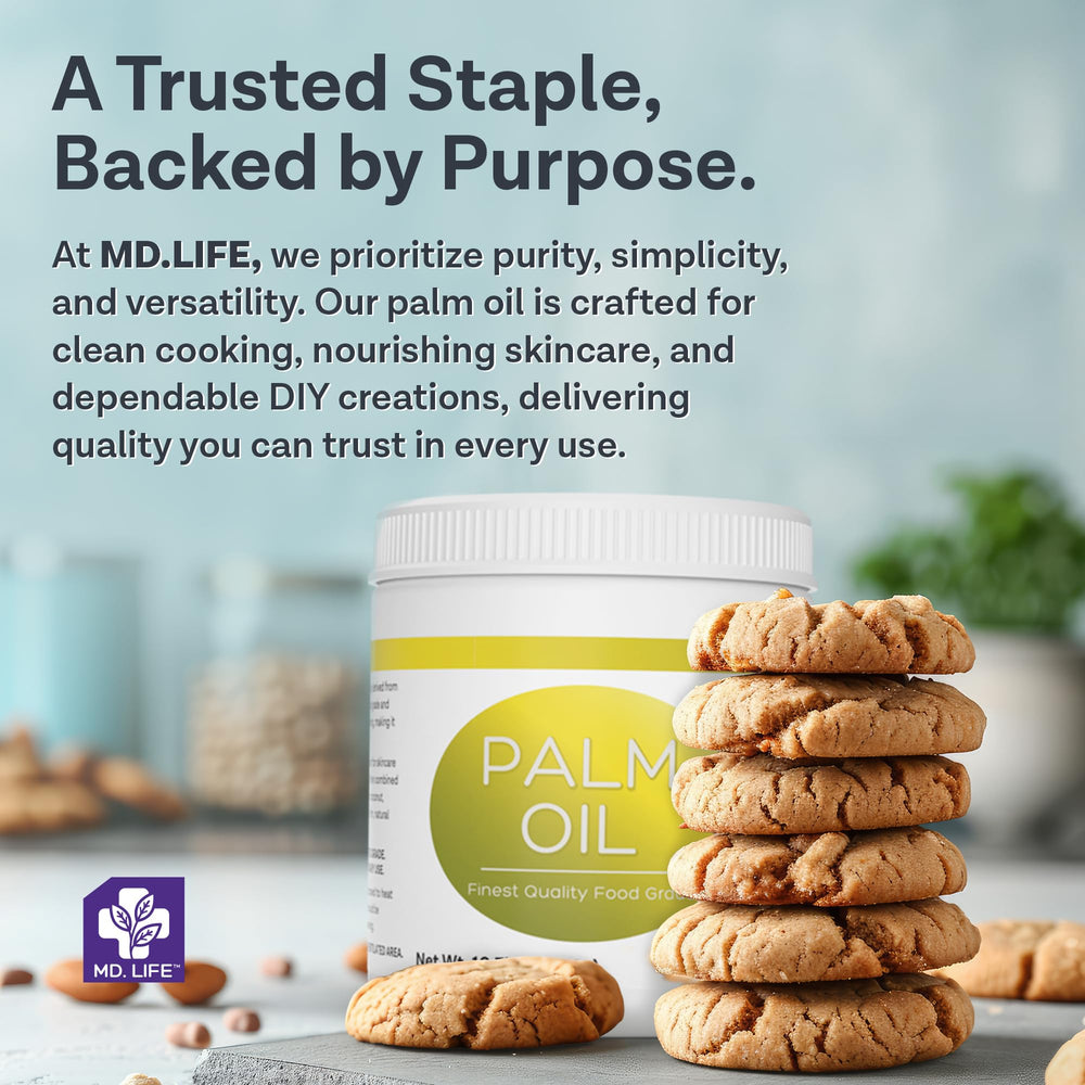 MD.LIFE palm oil 16oz bottle beside common items to show true size and portion benefit
