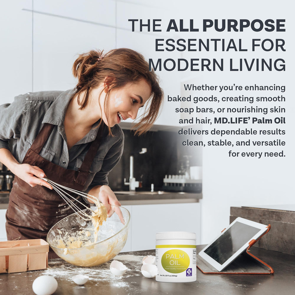 MD.LIFE palm oil in skincare jar with spoon depicting moisturizing and formulation ease