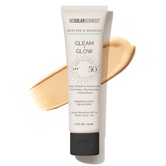 MDSolarSciences Gleam + Glow front packaging shows SPF 50 and benefits