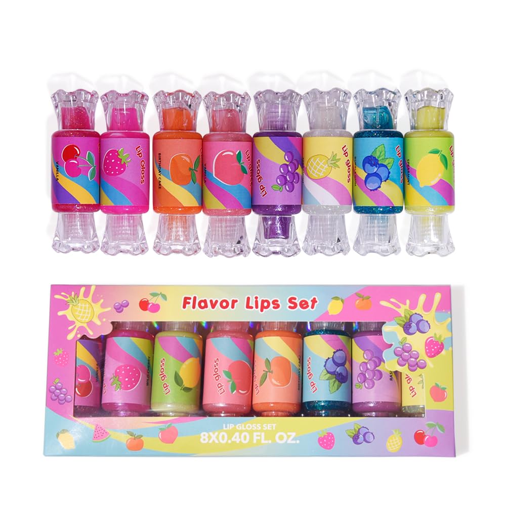 Mebtmel front packaging showing six glitter glosses, fun gift-ready appearance