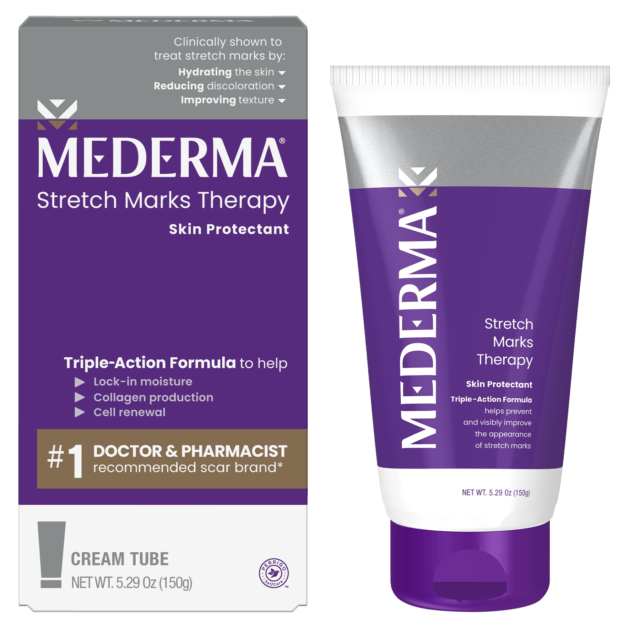 Mederma tube front view showing product and easy use benefit